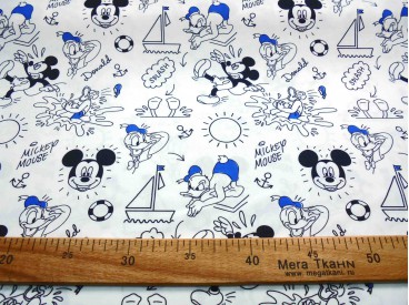 Disney stof met Mickey Mouse en Donald Duck  100% Gekaard poplin katoen (100% American Carded Cotton Poplin)  150 cm breed.  120