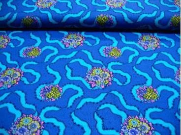 Quiltkatoen Blauw met aqua krinkel en bloem 1030q