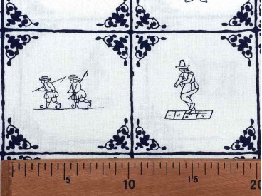 Linnen Delftsblauw met zwarte oud Hollandse kinderspelen. De ruit is 10 x 10 cm. 100% Linnen 1.40 mtr.br.