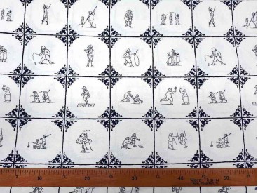 Linnen Delftsblauw met zwarte oud Hollandse kinderspelen. De ruit is 10 x 10 cm. 100% Linnen 1.40 mtr.br.