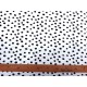 Een witte tricot met zwarte vlekjes. Oekotex stoffen, 95% katoen/5% elastan 1.50 mtr.breed