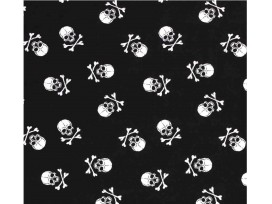 Zwarte poplin/katoen met witte grote doodskopjes. Het doodskopje is 5 x 4 cm. 100% katoen 1.45 mtr. br.