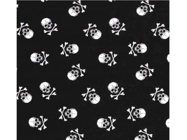 Zwarte poplin/katoen met witte grote doodskopjes. Het doodskopje is 5 x 4 cm. 100% katoen 1.45 mtr. br.