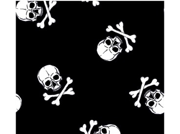 Zwarte poplin/katoen met witte grote doodskopjes. Het doodskopje is 5 x 4 cm. 100% katoen 1.45 mtr. br.