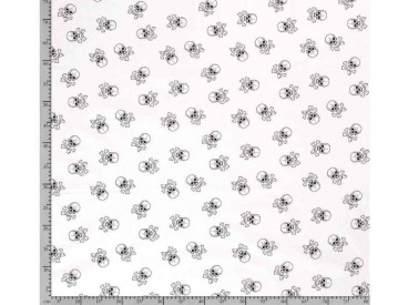 Witte poplin/katoen met zwarte grote doodskopjes. Het doodskopje is 5 x 4 cm. 100% katoen 1.45 mtr. br.