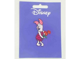 Een Winnie the Pooh applicatie,  met een afmeting van  3.5 x 5.5 cm. Opstrijkbaar Knorretje staand met bloem.