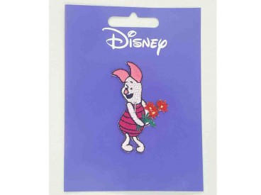 Een Winnie the Pooh applicatie,  met een afmeting van  3.5 x 5.5 cm. Opstrijkbaar Knorretje staand met bloem.