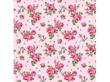 Een oudroze poplin/katoen met rood/roze roosjes. 100% Katoen 1.45 mtr. br. 110 gram p/m2