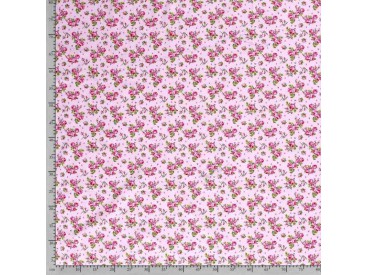 Een oudroze poplin/katoen met rood/roze roosjes. 100% Katoen 1.45 mtr. br. 110 gram p/m2