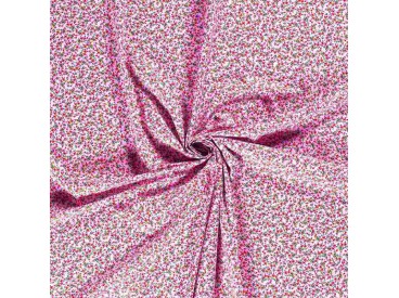 Een offwhite poplin/katoen met een rood/oudroze kleine bloem print. 100% Katoen 1.45 mtr.br. 110 gram p/m2