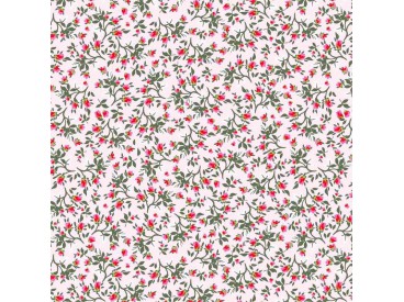 Een offwhite poplin/katoen met een rood/oudroze kleine bloem print. 100% Katoen 1.45 mtr.br. 110 gram p/m2