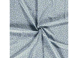 Een lichtblauwe poplin/katoen met een oudblauwe kleine bloem print. 100% Katoen 1.45 mtr.br. 110 gram p/m2