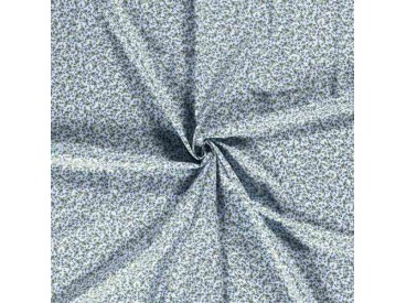 Een lichtblauwe poplin/katoen met een oudblauwe kleine bloem print. 100% Katoen 1.45 mtr.br. 110 gram p/m2