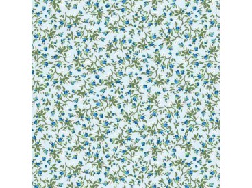 Een lichtblauwe poplin/katoen met een oudblauwe kleine bloem print. 100% Katoen 1.45 mtr.br. 110 gram p/m2