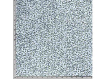 Een lichtblauwe poplin/katoen met een oudblauwe kleine bloem print. 100% Katoen 1.45 mtr.br. 110 gram p/m2