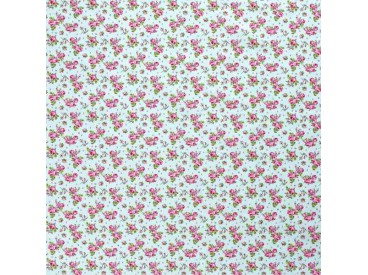 Een mintgroene poplin/katoen met roze/rode roosjes. 100% Katoen 1.45 mtr. br. 110 gram p/m2