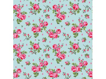 Een mintgroene poplin/katoen met roze/rode roosjes. 100% Katoen 1.45 mtr. br. 110 gram p/m2