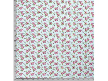 Een mintgroene poplin/katoen met roze/rode roosjes. 100% Katoen 1.45 mtr. br. 110 gram p/m2