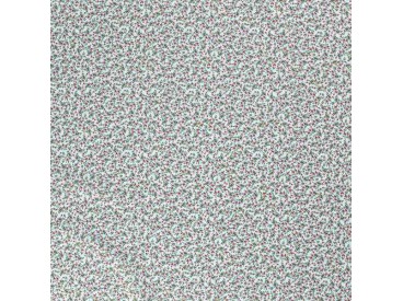 Een mintgroene poplin/katoen met een rood/oudroze kleine bloem print. 100% Katoen 1.45 mtr.br. 110 gram p/m2
