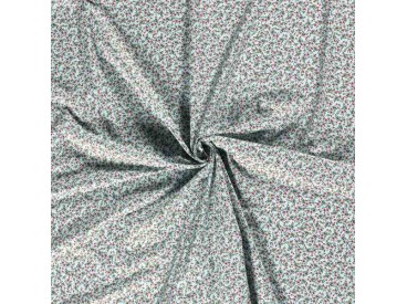 Een mintgroene poplin/katoen met een rood/oudroze kleine bloem print. 100% Katoen 1.45 mtr.br. 110 gram p/m2