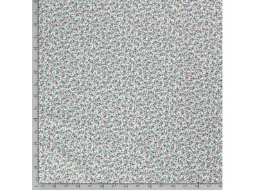 Een mintgroene poplin/katoen met een rood/oudroze kleine bloem print. 100% Katoen 1.45 mtr.br. 110 gram p/m2
