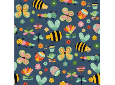 Dapper katoen Garden Party  Donkerblauw met insekten