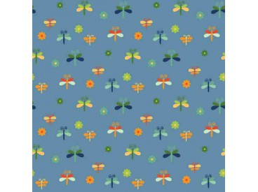 Dapper katoen Garden Party  Jeansblauw met libelles 15536-007