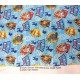 Een lichtblauw/witte poplin/katoenen breedtestreep met Paw Patrol Dog gezichtjes op schildjes 100% katoen 1.50 mtr. br 120 Gr/M2