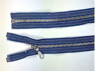 Zilver metalen rits deelbaar Jeansblauw gestreept 70 cm.