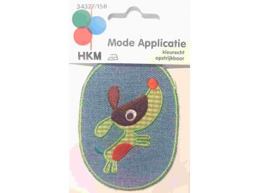 Applicatie jeans ovaal hond met limegroen randje