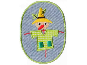 Applicatie kniestuk jeans ovaal met vogelverschrikker en limegroen randje