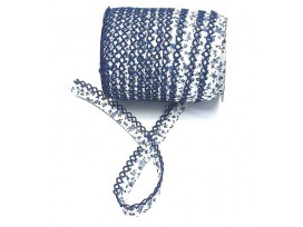 Biaisband met jeansblauwe ruche en blauwe bloem  Per rol van 25 meter