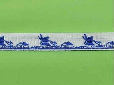 Sierband Wit met Blauwe molens en huisjes  10mm breed