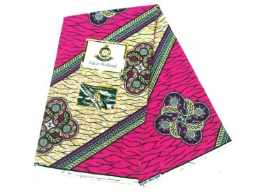 Afrikaanse wax stof. Schuine banen en grote ornamenten. O.a. paars zand en pink