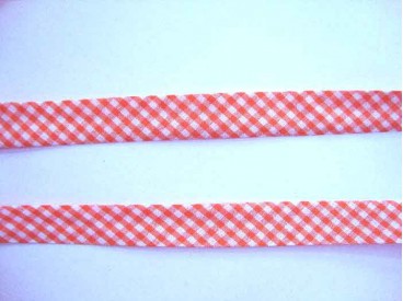 Oranje geblokt biaisband. 100% katoen 2 cm. breed