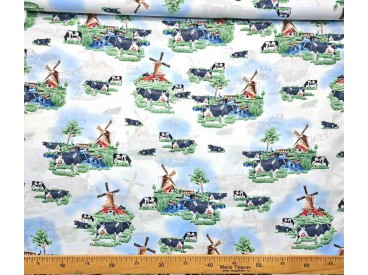 Delfts blauwe stof  met koeien en molens klein  21tg