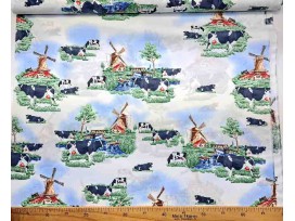 Delfts blauwe stof, met koeien en molens.  100% katoen  1.50 mtr.br.  123 gr/m²