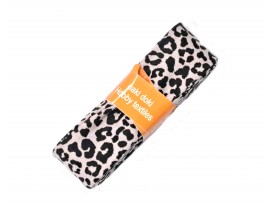 Biaisband met panterprint in een bundel van 2 meter lang.  Heel licht oudroze/zwart  2 cm breed  100 % katoen