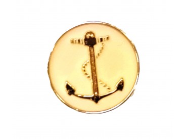 Ankerknoop van kunststof op een steeltje. De knoop heeft een gouden anker in een ivoorkleurig vlak en een gouden rand. 20 mm