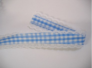 Sierband Boerenbont Lichtblauw met kant 373