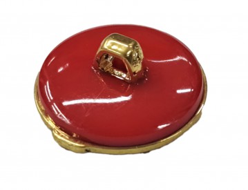 Ankerknoop op steeltje. Gouden anker met klein hartje met tekst. Rode achtergrond. Kunststof.15 mm doorsnee