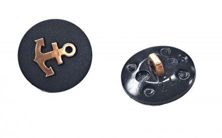 Ankerknoop op steeltje. Goudkleurig anker op een zwarte knoop. Kunststof. 15 mm doorsnee