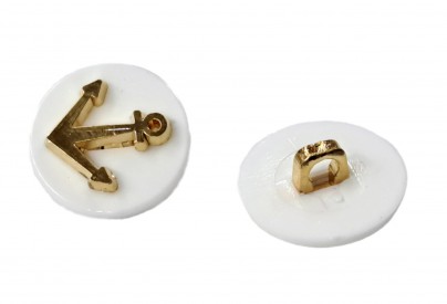 Ankerknoop op steeltje van kunststof. Witte knoop met een goudkleurig anker. 18 mm doorsnee