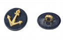 Ankerknoop op steeltje van kunststof. Marineblauwe knoop met een goudkleurig anker. 18 mm doorsnee