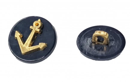 Ankerknoop op steeltje van kunststof. Marineblauwe knoop met een goudkleurig anker. 18 mm doorsnee