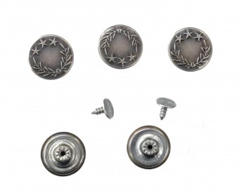 Jeans inslagknoop met 3 sterren en takjes.  Oud zilver.  Doorsnee 17 mm.  Metaal. Jeansknopen worden per stuk verkocht