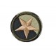 Een opstrijkbare ronde legerapplicatie met een doorsnee van 3 cm. Legergroene met goudkleurige ster