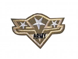 Een opstrijkbare legerapplicatie van 5 x 7.5 cm. Leger bruingroen, goudkleurige randen en Army met 3 sterren