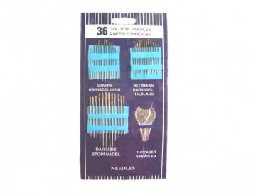 Goldeye Needles.  36 naalden met een draaddoorhaler, handnaalden en stopnaalden.