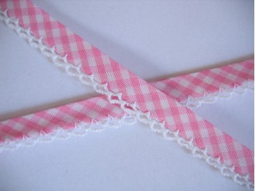 Biaisband Roze boerenbont met ruche. dubbel 15 mm. br.